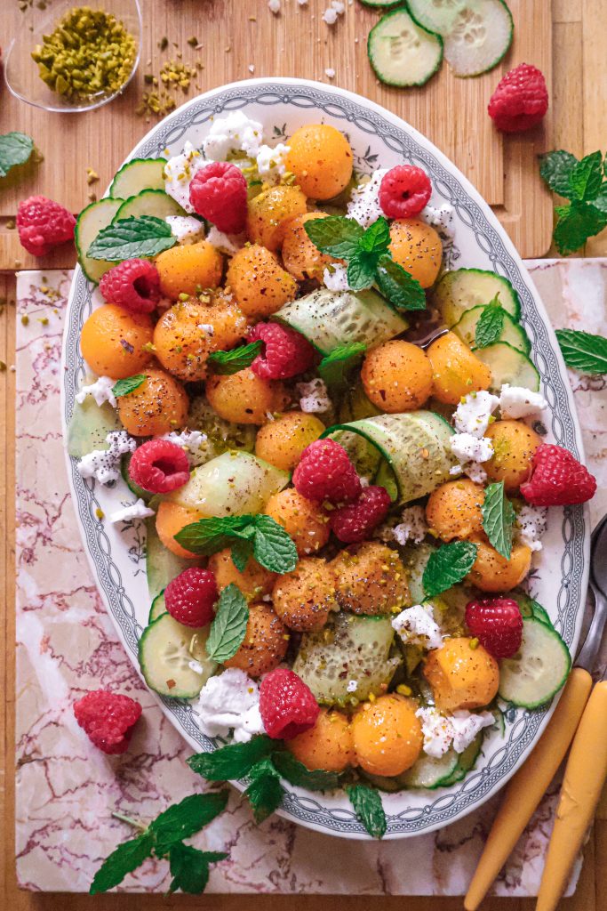 Salade Melon, Concombre, Feta Vegan & Framboises