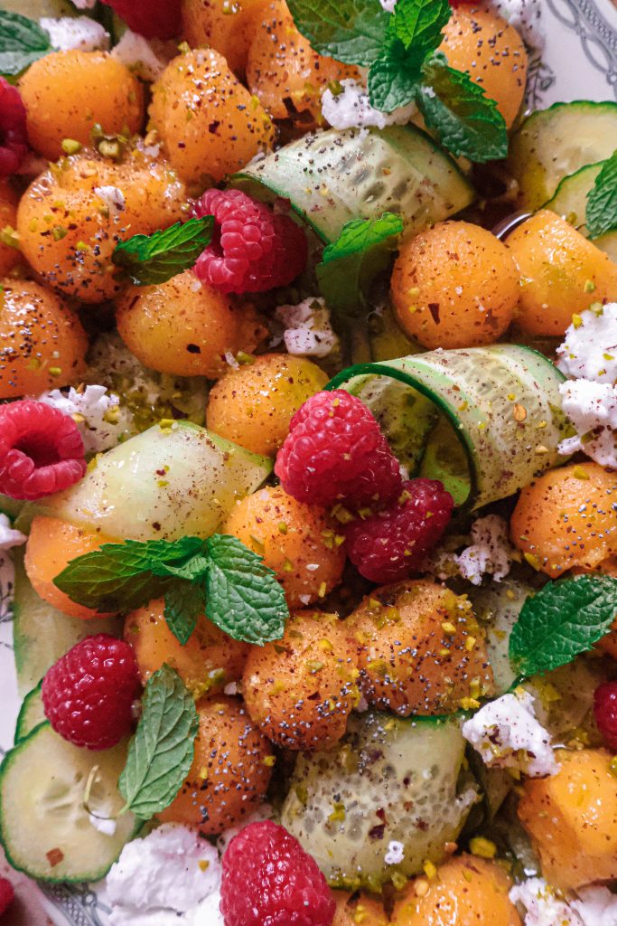 Salade Melon, Concombre, Feta Vegan & Framboises