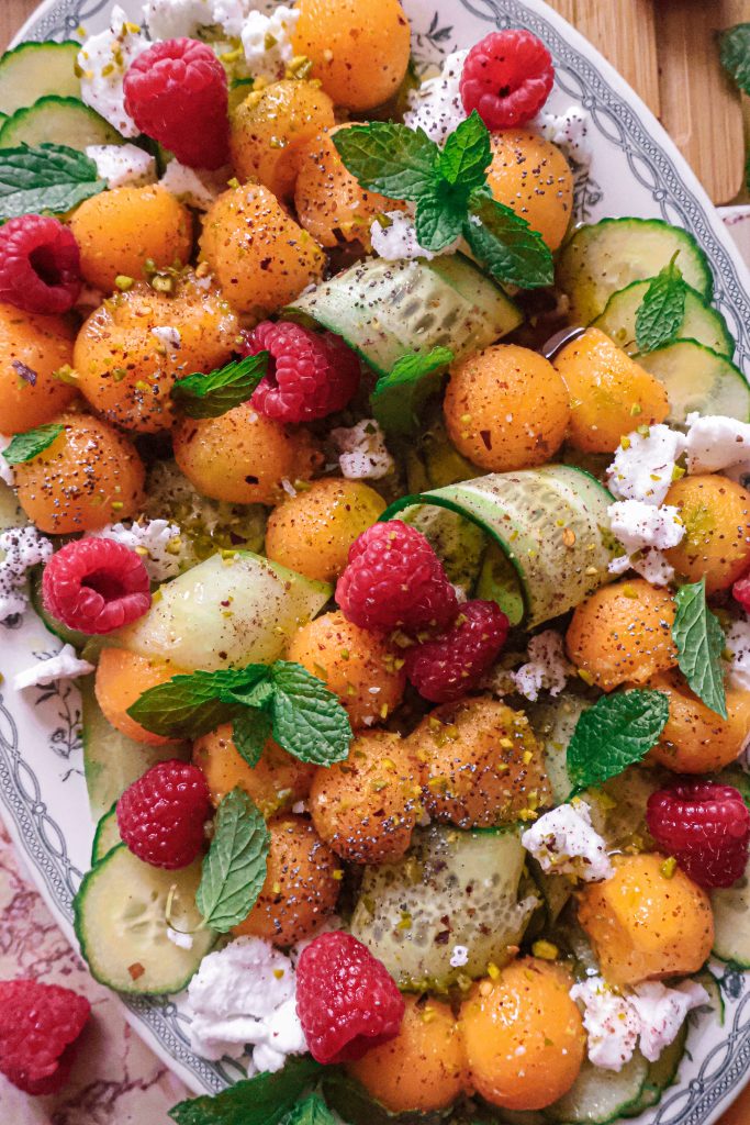 Salade Melon, Concombre, Feta Vegan & Framboises