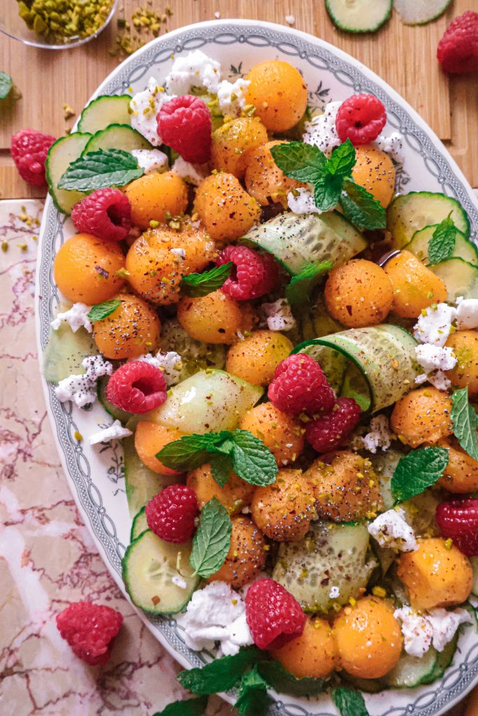 Salade Melon, Concombre, Feta Vegan & Framboises