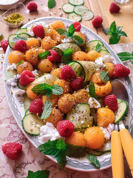 Salade Melon, Concombre, Feta Vegan & Framboises