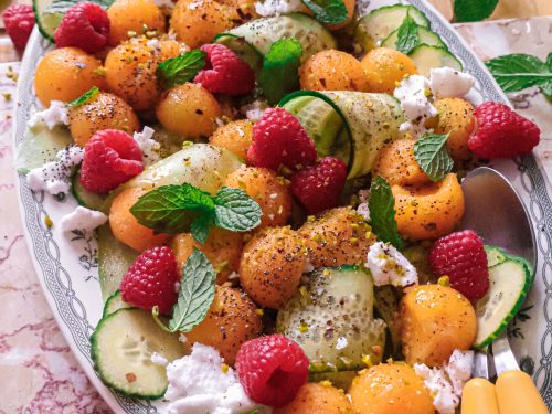Salade Melon, Concombre, Feta Vegan & Framboises